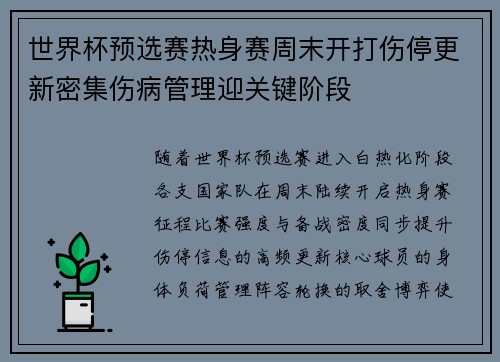 世界杯预选赛热身赛周末开打伤停更新密集伤病管理迎关键阶段
