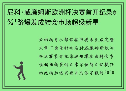 尼科·威廉姆斯欧洲杯决赛首开纪录边路爆发成转会市场超级新星