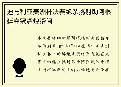 迪马利亚美洲杯决赛绝杀挑射助阿根廷夺冠辉煌瞬间 迪马利亚美洲杯决赛绝杀挑射助阿根廷夺冠辉煌瞬间